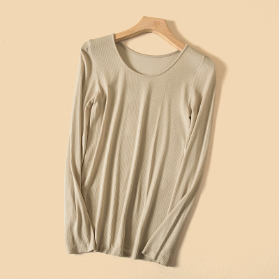 无缝保暖秋衣女上衣单件圆领修身薄款保暖衣秋冬季美体德绒打底衫