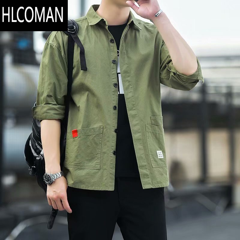 HLCOMAN长袖衬衫男潮秋季宽松帅气工装开衫夹克薄款上衣工作服装