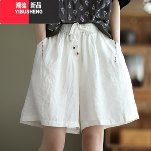 YIBUSHENG2023年新款季复古勾线棉麻短裤女系带松紧腰显瘦阔腿裤休闲中裤