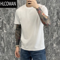 HLCOMAN网红白色短袖T恤2024夏季男士纯色圆领内搭体恤修身打底衫潮