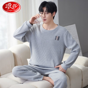浪莎(LangSha)男士睡衣男春秋冬季圆领套头家居服套装宽松大码可外穿两件套