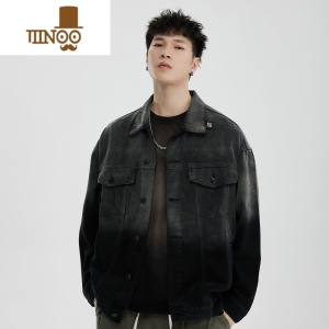 YANXU外套男新款渐变复古美式潮牌hiphop百搭翻领水洗牛仔夹克宽松