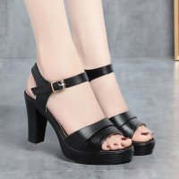 新款夏季凉鞋女高跟防水台粗跟软底中年妈妈女鞋一字扣带皮鞋