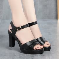 新款夏季凉鞋女高跟防水台粗跟软底中年妈妈女鞋一字扣带皮鞋