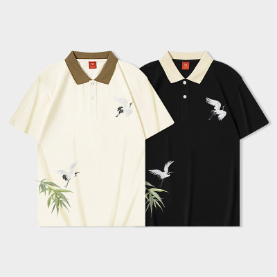 重工刺绣仙鹤POLO衫男短袖大码国潮中国风翻领T恤保罗衫上衣