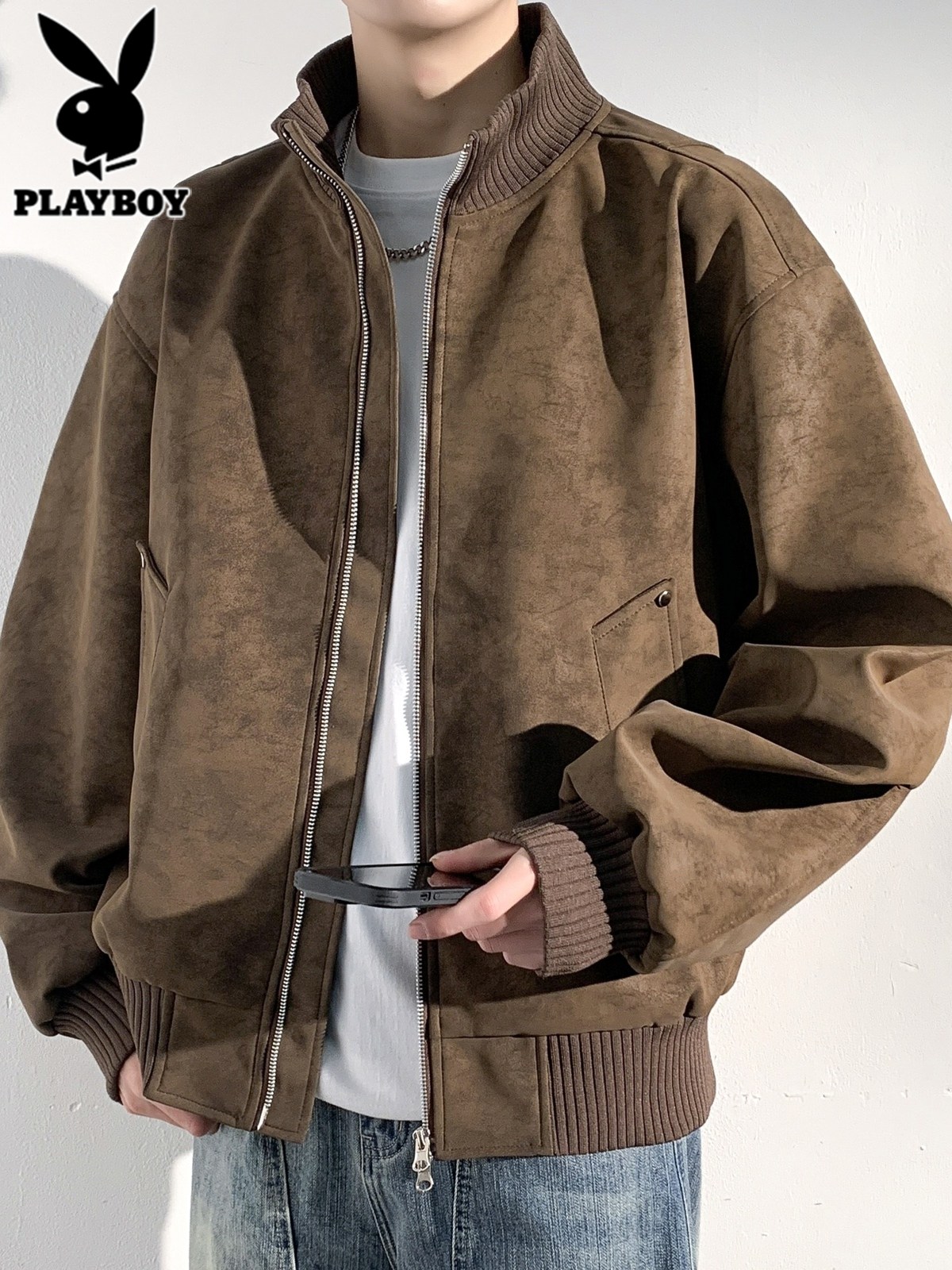 花花公子麂皮绒皮夹克男士秋季美式覆古潮流痞帅工装立领外套男款