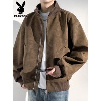 花花公子麂皮绒皮夹克男士秋季美式覆古潮流痞帅工装立领外套男款