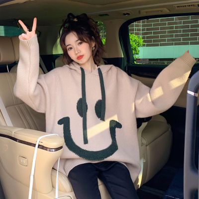 [3件8.5折169.9元,叠加优惠券]唐狮笑脸图案宽松连帽中长款套头毛衣秋冬oversize毛衣po