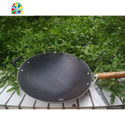 广西老式铁锅 传统锅生铁锅尖底圆底炒锅家用轻便炒菜锅 FENGHOU 36厘米口径新款木柄锅+熟铁盖