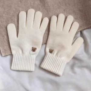 小熊针织毛线手套冬季保暖触屏纯色刺绣分指开洞漏指小香风潮