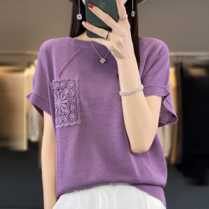 钩花针织短袖T恤女夏季新款竹节麻短袖宽松上衣欧货女装