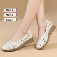 真皮软底镂空凉鞋夏季外穿洞洞鞋透气妈妈鞋复古坡跟浅口女鞋