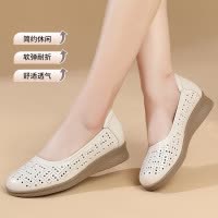 真皮软底镂空凉鞋夏季外穿洞洞鞋透气妈妈鞋复古坡跟浅口女鞋