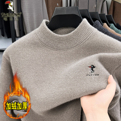 啄木鸟半高领加绒加厚男士毛衣2025冬季一体绒保暖羊毛针织打底衫