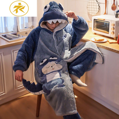 Ideamini男士睡衣秋冬季珊瑚绒加绒加厚法兰绒卡通睡袍宽松情侣家居服套装