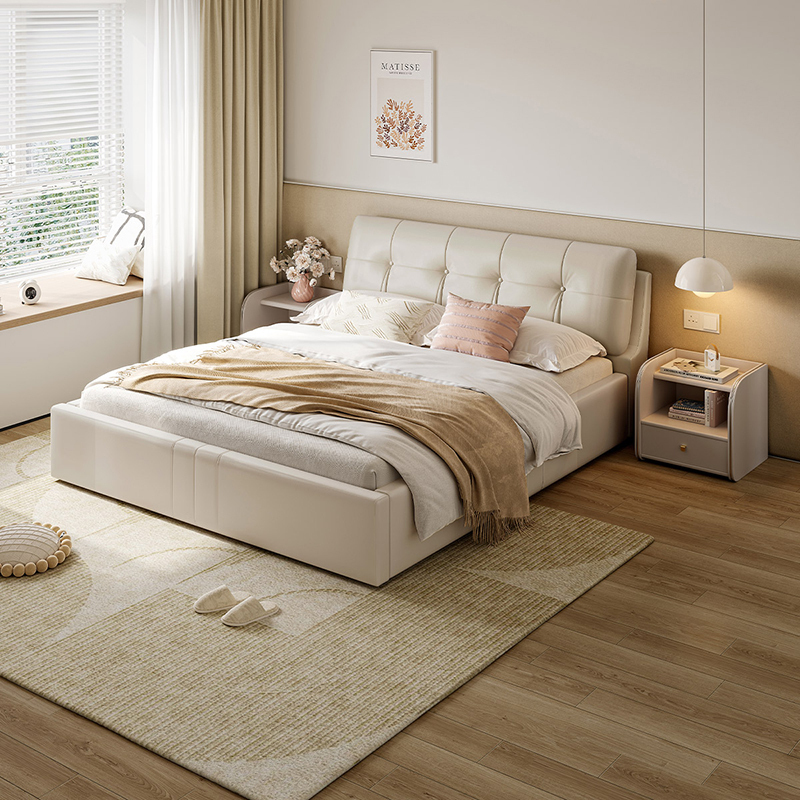 全友家居 现代简约时尚牛皮皮艺双人床1.8米婚床软床轻奢皮艺软靠床