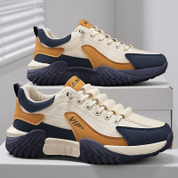 秋季皮革新款拼接系带平底透气跑步男鞋日常透气时尚男士休闲单鞋