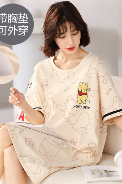 带胸垫睡裙女士夏季棉可爱卡通睡衣中长款连衣裙宽松家居服可外穿