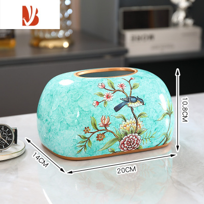 三维工匠新款北欧纸巾盒客厅家用茶几实用创意轻奢简约现代陶瓷抽纸盒 蓝色椭圆喜鹊款(送底板)