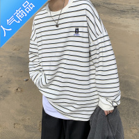 喻娄条纹男长袖t恤高街ins潮宽松圆领卫衣oversize内搭复古秋季打底衫T恤