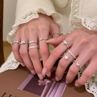 纯银爆闪镭射几何戒指合集女小众设计轻奢高级开口食指戒银饰送女朋友老婆情人节七夕生日礼物