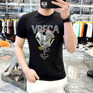 欧货2024夏季新款潮牌时尚流行印花修身短袖男圆领休闲丝光棉T恤