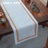 美式桌旗新中式禅意茶旗布现代简约茶几餐桌北欧电视柜布床旗定制 福延年-浅蓝(平角款)[需预定] 33*390cm