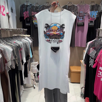 韩国大码T恤女装夏季中长款无袖背心裙子宽松坎肩双开叉连衣裙女_1