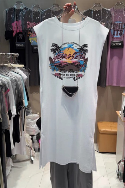 韩国大码T恤女装夏季中长款无袖背心裙子宽松坎肩双开叉连衣裙女