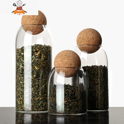 敬平茶叶罐收纳球塞瓶玻璃瓶 五谷杂粮储物罐 圆形软木塞装茶叶密封罐