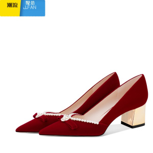 聚范结婚婚鞋女2024新款禾秀婚纱两穿新娘鞋红色粗跟不累脚法式订婚鞋