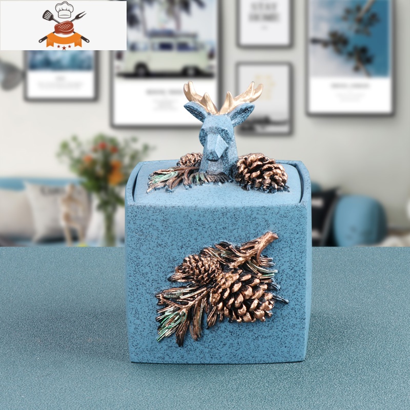 轻奢北欧ins牙签盒带盖棉签盒可爱家用创意组合套装化妆棉收纳盒 敬平 蓝色松果鹿棉签盒牙签筒