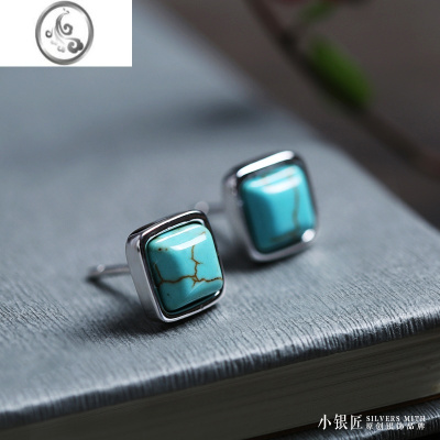 JiMi925银银耳钉女 绿松石小众文艺时尚简约复古气质水晶耳环饰品