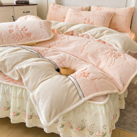 加绒加厚兔毛绒四件套床上用品秋冬季牛奶绒珊瑚绒花边床笠罩被套