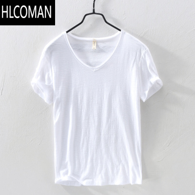 HLCOMAN新款做旧毛边V领短袖竹节棉T恤男士夏季休闲打底宽松体恤衫潮