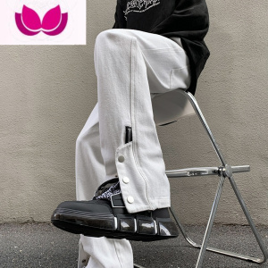 七斓黑色裤子春季男潮牌vibe复古排扣开叉工装裤美式高街休闲牛仔长裤