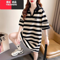 YIBUSHENG大码女装中长款短袖t恤季新款韩版条纹翻领刺绣polo领连衣裙潮