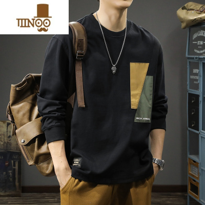 YANXU潮牌拼接设计感长袖t恤男宽松大码秋季ins圆领打底衫卫衣