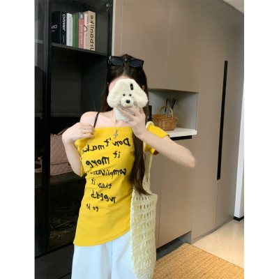 设计感字母印花露肩短袖T恤女2025夏季不规则修身显瘦百搭上衣潮