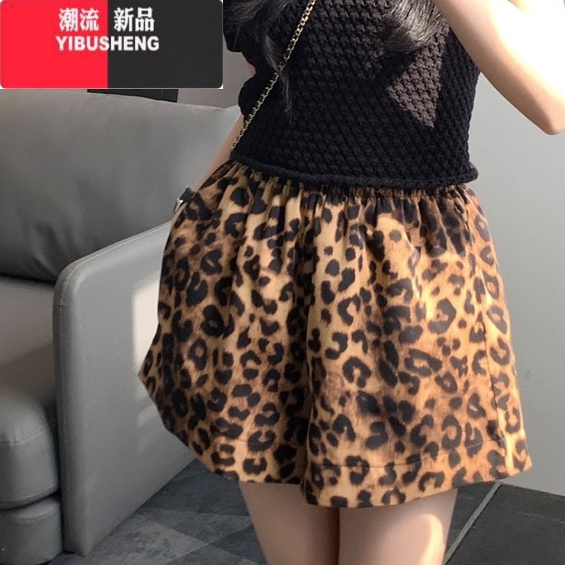 YIBUSHENG豹纹休闲短裤女季薄款宽松显瘦小个子外穿运动高腰a字阔腿热裤
