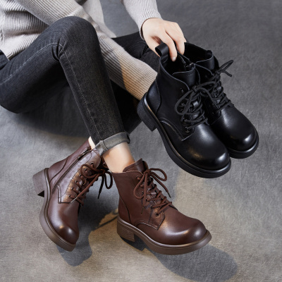 头层牛皮马丁靴女秋冬新款英伦复古真皮厚底通勤短靴单皮靴子