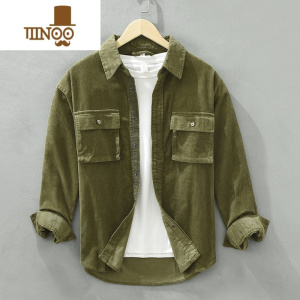 YANXU灯芯绒衬衫男士长袖秋季日系绿色工装衬衣双口袋休闲夹克外套