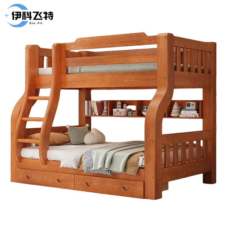 伊科飞特实木双层床2000*1200*1600mm+抽屉+书架+床垫套