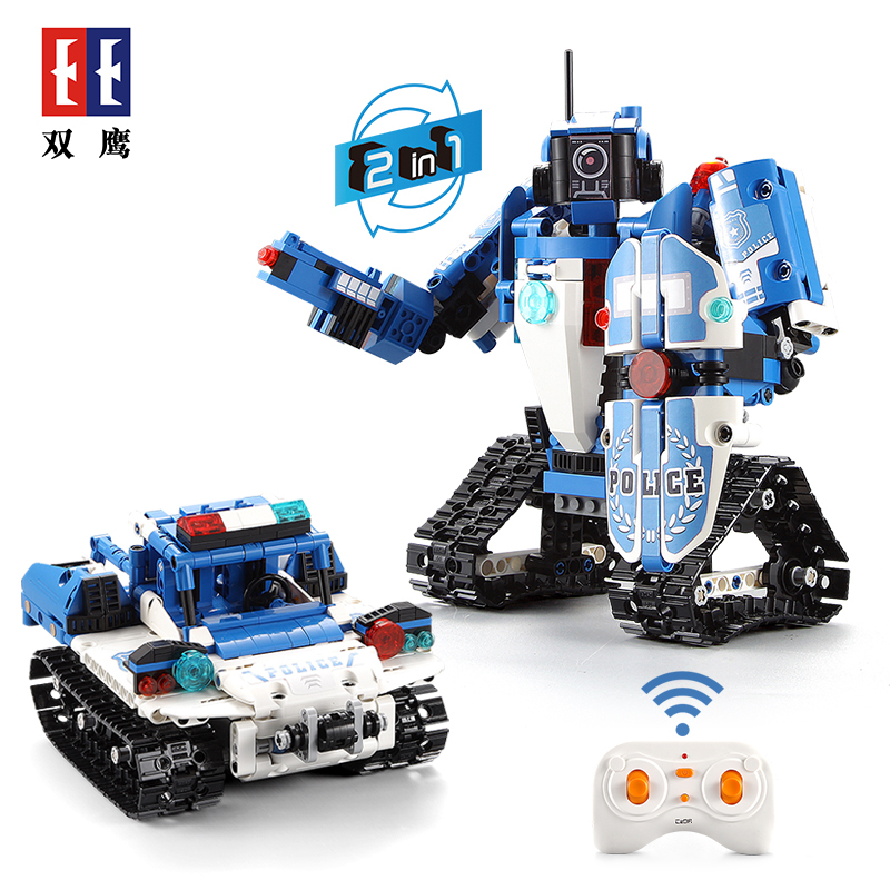 双鹰cada咔搭c51049 二合一遥控变形积木机器人警车 益智拼插积木