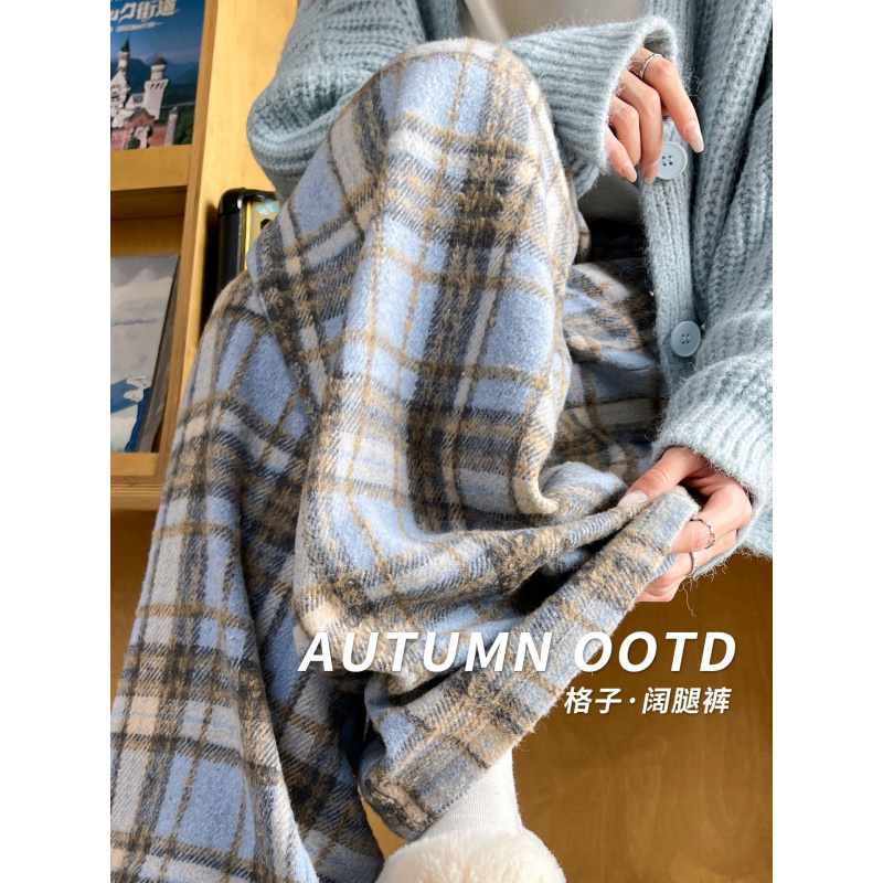 蓝色毛呢格子裤女秋冬季新款宽松bf慵懒风直筒休闲加绒阔腿裤