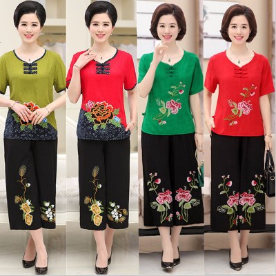 中老年女装妈妈装夏季纯棉套装中年女夏装女50-60岁2018夏新款中年女装短袖上衣老人衣服打底衫T恤九分裤奶奶装两件