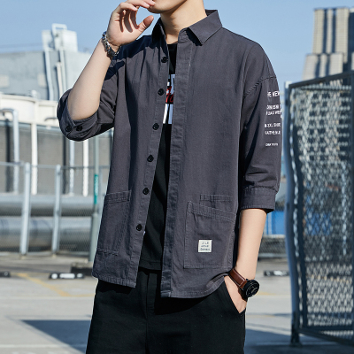 gurunvani衬衫男韩版潮流帅气夏季短袖衬衣工装宽松五七分袖上衣服男生外套寸衬外穿