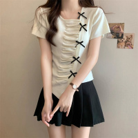 不规则蝴蝶结短袖T恤女夏季新款洋气设计感方领辣妹修身短款上衣
