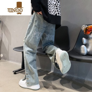 YANXU美式字母刺绣牛仔裤男高街潮牌嘻哈直筒裤子韩版痞帅阔腿长裤