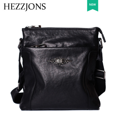 赫泽琼斯HEZZJONS真皮单肩包男进口意大利牛皮斜挎包青年时尚潮流简约小背包男神英伦奢侈品出差包黑色进口意大利牛皮